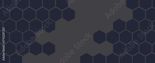 Dark gray and black horizontal hexagonal technology abstract vector background. Red bright energy flashes under the hexagon in a wide banner of futuristic modern technology. vector illustration