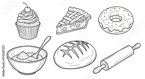 Line art illustration of various baked goods and baking ingredients, including a cupcake, pie, donut, bread, flour, and a rolling pin, in a monochrome style.