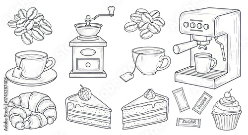 Detailed line art illustration of coffee, tea, and bakery items including beans, grinder, espresso machine, cups, croissant, cakes, and sugar packets.