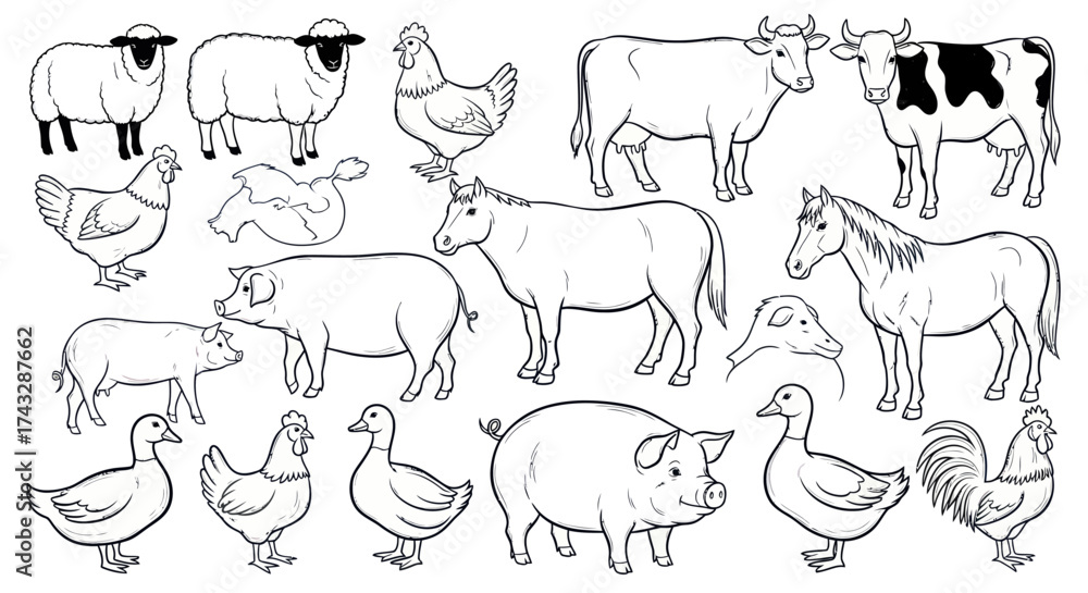 Fototapeta premium Black and white illustration of various farm animals, including sheep, chickens, cows, and pigs.