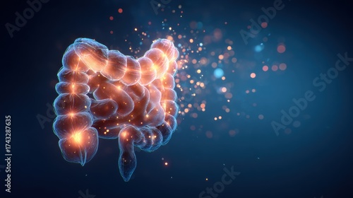 Illuminated human digestive tract with glowing particles on dark background