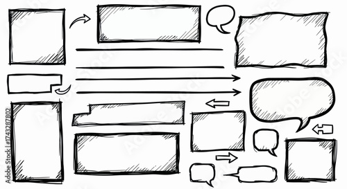 Collection of hand-drawn sketchy frames, speech bubbles, and arrows on a white background, ideal for comic or doodle designs.