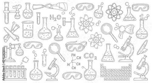 Science themed doodle with beakers, test tubes, microscopes, and chemical formulas.