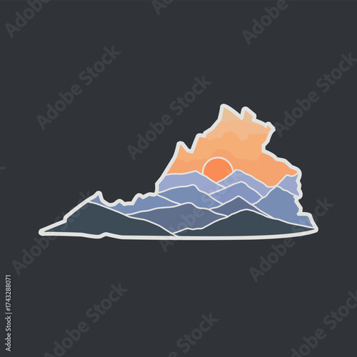 Virginia Map with Mountain Scenery in Sunset Perfect for Badge, etc