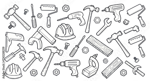 A black and white line art pattern of various construction and do-it-yourself hardware tools.