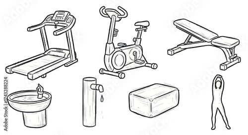 A collection of various exercise equipment and amenities commonly found in a gym or fitness center.