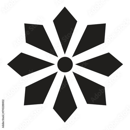 Minimalist black snowflake icon isolated on white background, with clean geometric shape for seasonal, winter, holiday, and decorative design projects in modern style.