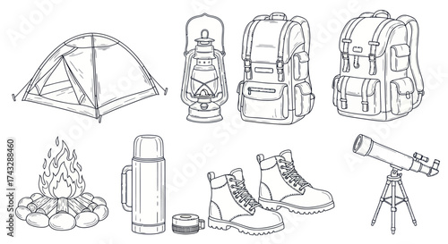 A collection of hand-drawn illustrations depicting camping and outdoor adventure gear, including a tent, lantern, backpacks, boots, a telescope, a thermos, and a campfire.