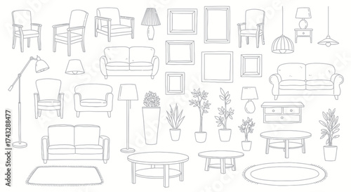 A collection of hand-drawn line art illustrations of various furniture and home decor items, including sofas, chairs, tables, lamps, and plants.