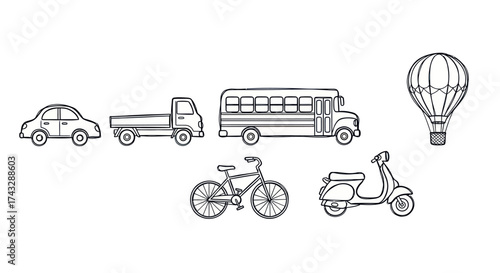 A collection of various modes of transportation including a car, truck, bus, bicycle, scooter, and hot air balloon.