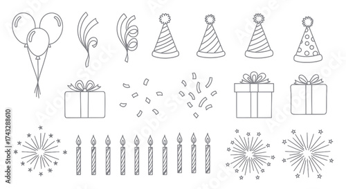 A collection of black and white line art illustrations of birthday party elements, including balloons, hats, gifts, confetti, candles, and fireworks.