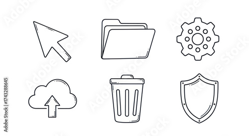 Collection of outlined icons representing various digital and system functionalities.