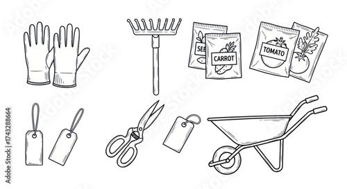 Gardening tools and supplies: gloves, rake, seeds, tags, scissors, wheelbarrow.