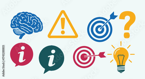 A collection of conceptual icons representing brainstorming, problem-solving, goals, and finding creative solutions.