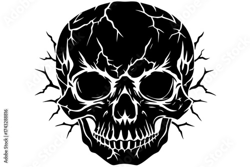 Black cracked skull with sharp protrusions white vector