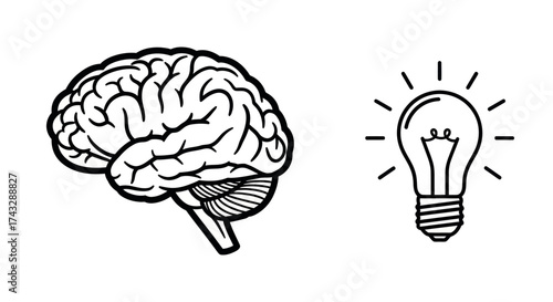 A black and white illustration of a human brain next to a lit lightbulb, symbolizing an idea or inspiration.