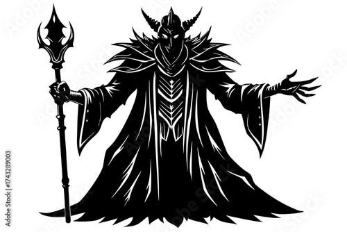 Black silhouette of a dark wizard with a staff magic