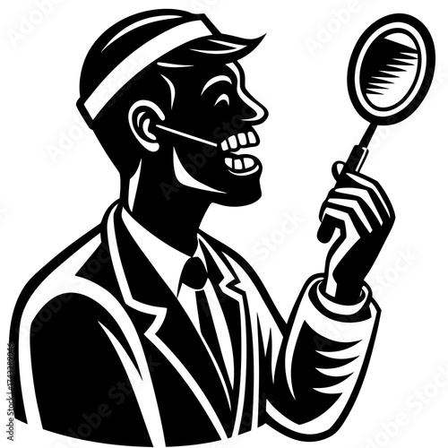Black and white illustration of a man checking teeth with mirror
