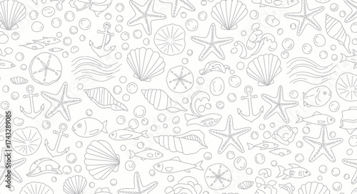 Seamless pattern with hand-drawn outline sea creatures and marine elements on a white background, perfect for nautical designs.