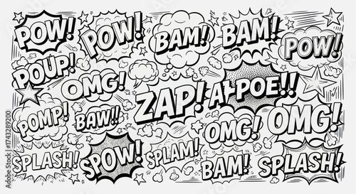 Comic book explosion sound effects with words like POW, BAM, OMG, ZAP, SPLASH, and SPOW.