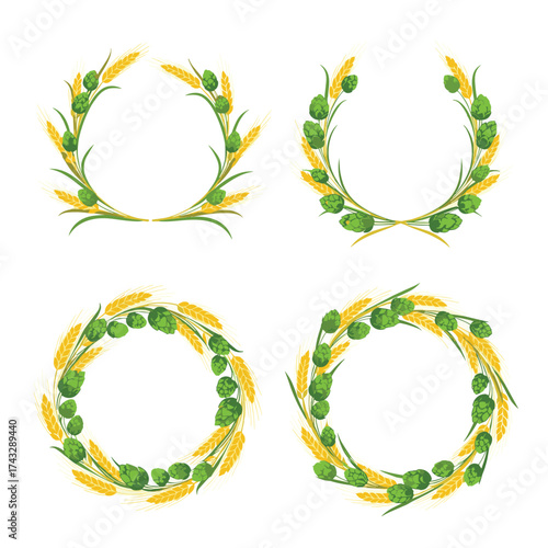 Decorative floral wreaths with hops and barley illustrations.