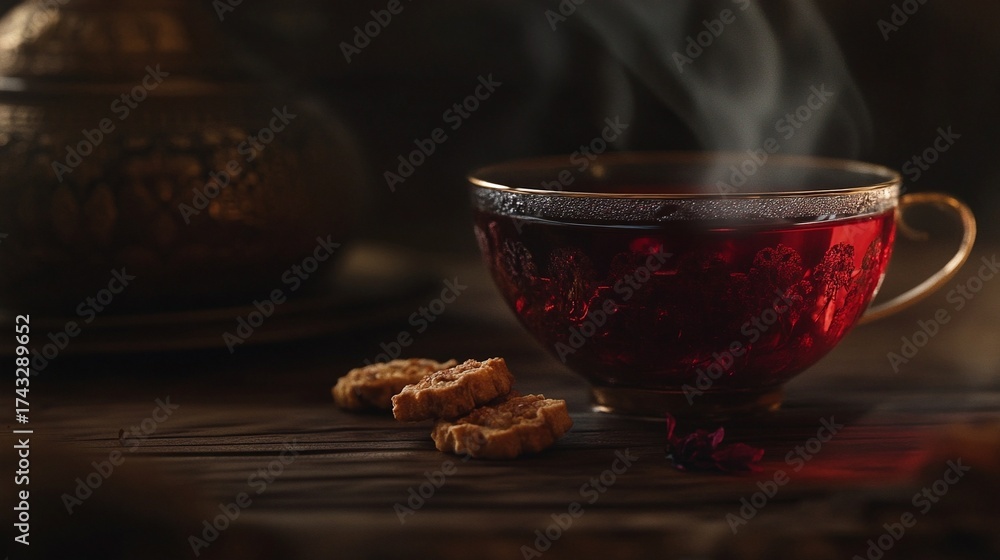 Fototapeta premium red hibiscus tea served in a glass cup with delicate pastrie on a rustic table