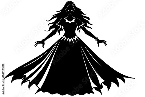 Black silhouette of a ghostly bride with flowing hair and dress