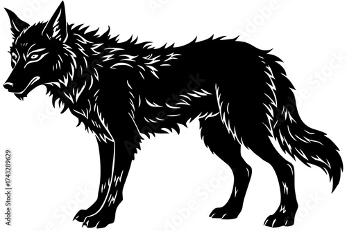 Black silhouette of a wolf with white fur details animal