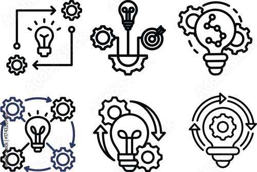 setting bulb icon Knowledge cognition icon set. Contains innovation, smart thinking, learning, light bulb Setting Icon Configuration Light bulb with gear cogwheel icon set. con symbol of idea