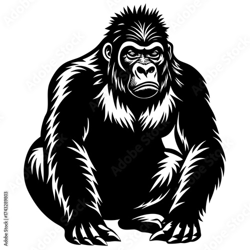 Black and white silhouette of a gorilla sitting primate