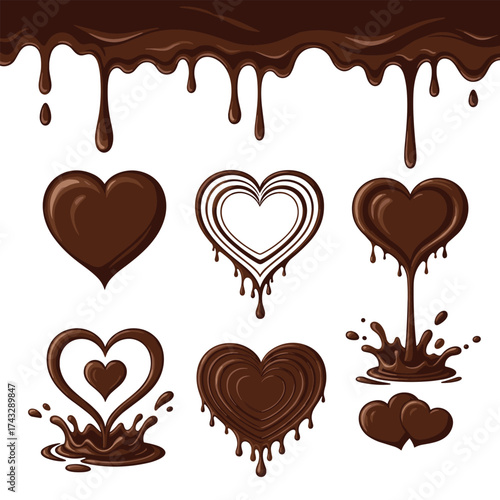 Delicious chocolate hearts with flowing drips and splashes of rich cocoa.