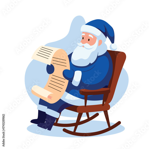Santa claus sits in a rocking chair reading his long naughty or nice list.