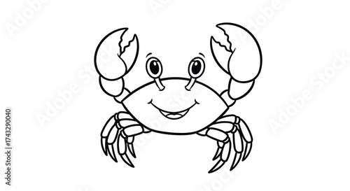 A cute cartoon crab waving its claws with a happy smile on its face.