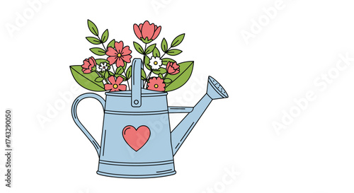 A charming watering can filled with blooming flowers and a heart illustration.