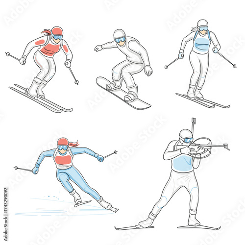 Illustrations of athletes participating in various winter sports including skiing snowboarding and biathlon.