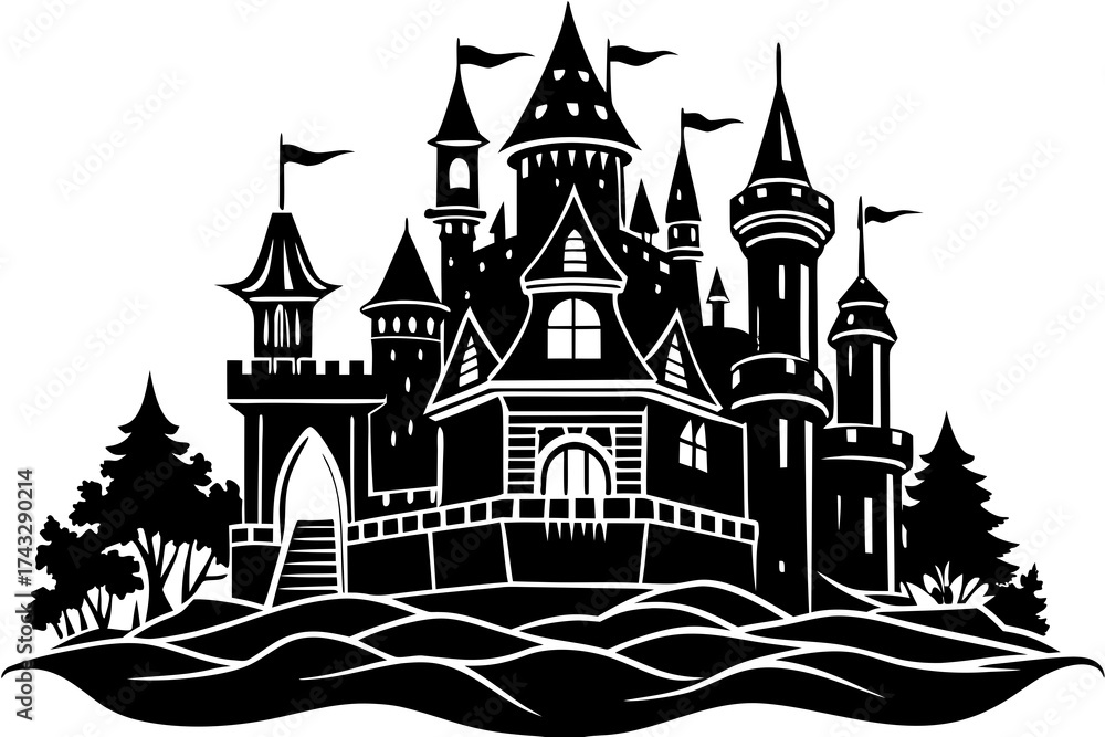 Obraz premium Black silhouette of a fairytale castle with flags and trees