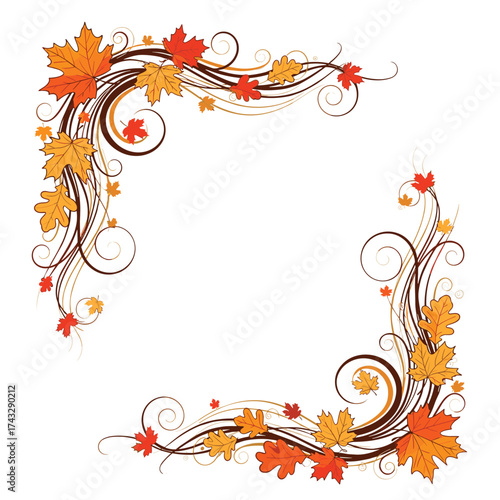Autumn leaves and swirls decorate the corners of a page.