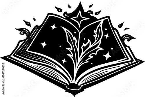Black silhouette of an open magic book with glowing stars and leaves