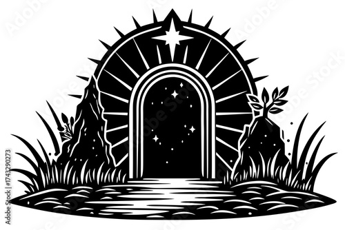 Black silhouette of a magical portal archway with stars