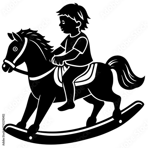 Black silhouette of a child on a rocking horse girl