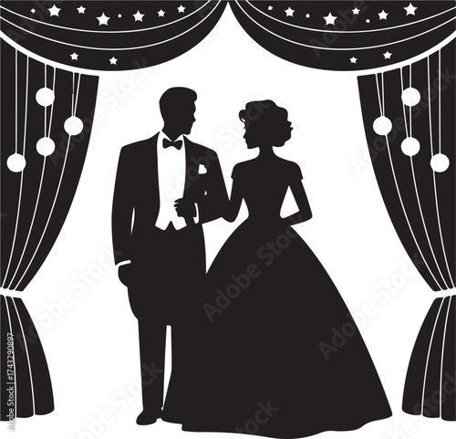 Elegant couple in formal wear on stage with curtains.