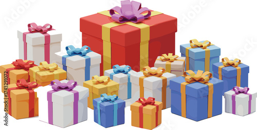 Colorful gift boxes, festive packaging, holiday presents, birthday celebration, wrapped gifts, ribbon bows, Christmas decor, surprise boxes, party mood, cheerful arrangement