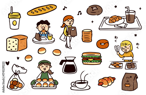 パン屋と人物のイラストセット