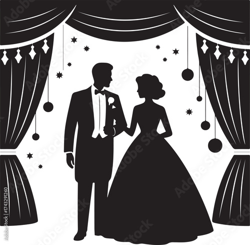 Elegant couple dances at formal event under starry lights