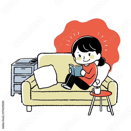 女性がソファで読書しているイラスト