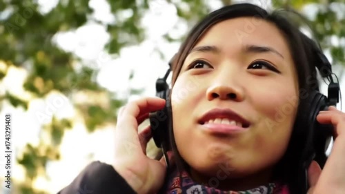 Young Asian Woman Enjoying Music Outdoors with Headphones in Nature.