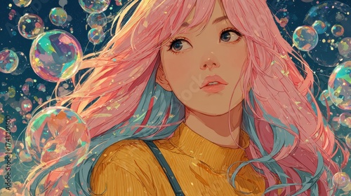 A young woman with pink and blue hair surrounded by colorful bubbles in a dreamy, fantastical setting