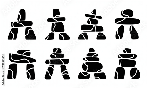 Inuit Inukshuk Stones Silhouette Vector Set,08 Arctic Landmark Symbols in Black Solid Style