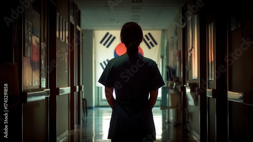 Contemplative healthcare worker standing in dark hospital corridor facing South Korean flag, symbolizing dedication in Asian medical system