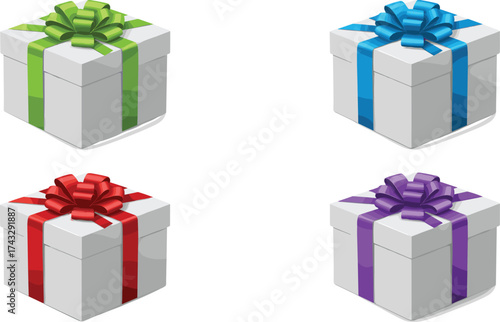Gift box set, colorful ribbon present, holiday packaging, celebration concept, festive wrapping, birthday surprise, Christmas gift, elegant bow, white background, isolated object